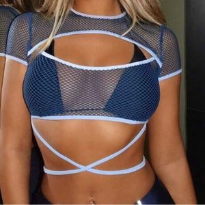 Fishnet blue tie crop top